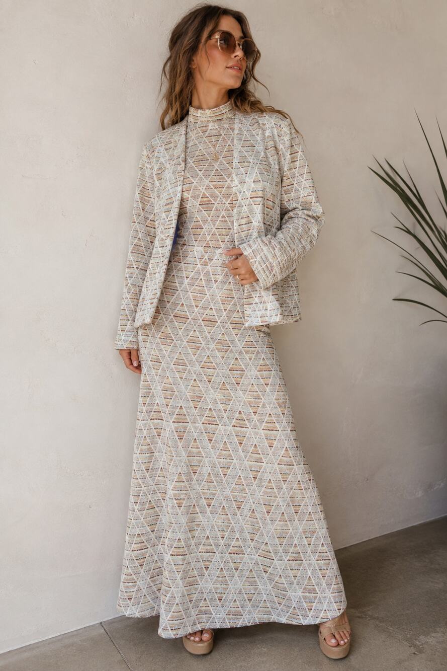 Vintage 70s Geometric Metallic Knit Max Dress Jacket 2 Piece Set M Boho Mod
